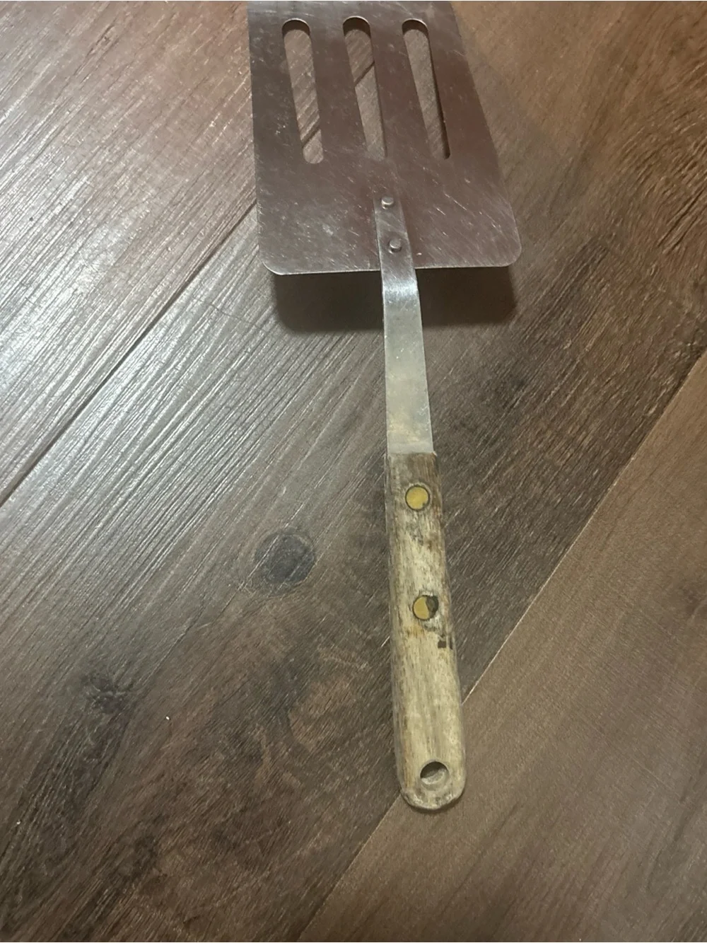 Vintage Robinson Stainless Steel Slotted Turner Spatula with Wooden Handle